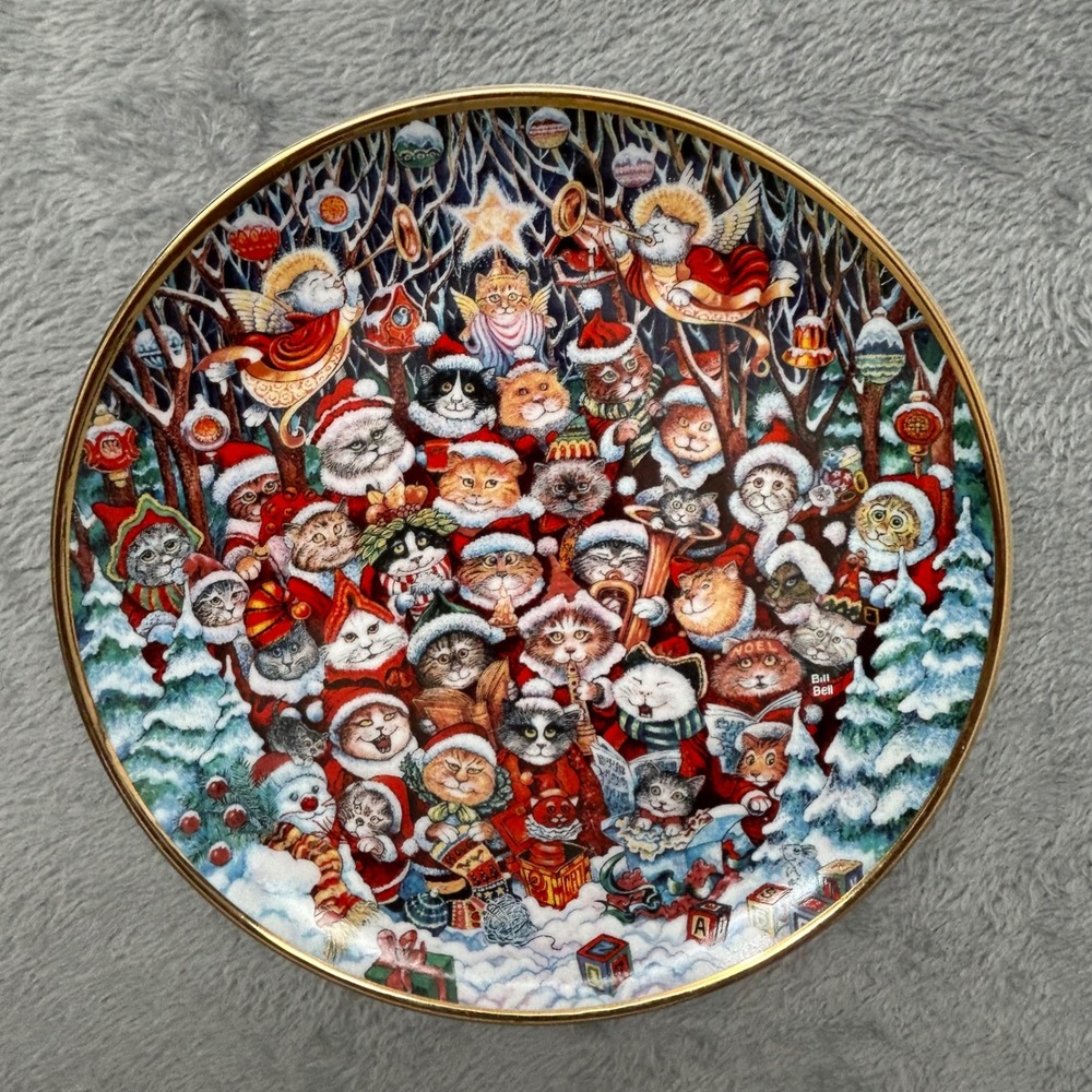 Franklin Mint Bill Bell Santa Claws Christmas Cat Collector Plate Gold Rim COA